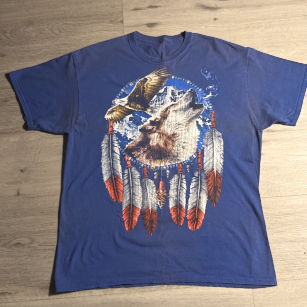 Vintage Wolf Dreamcatcher Eagle Graphic T Shirt XL Navy Y2K Nature Wildlife Tee - Picture 2 of 8